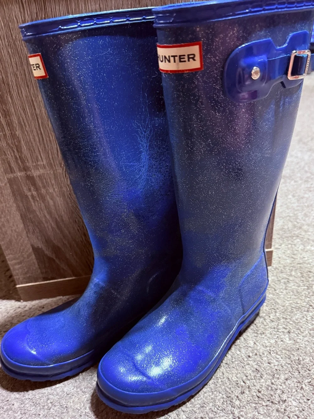 Hunter Kids Blue Glitter Rain Boots — Size-6 Glossy Finish by in Electric Storm